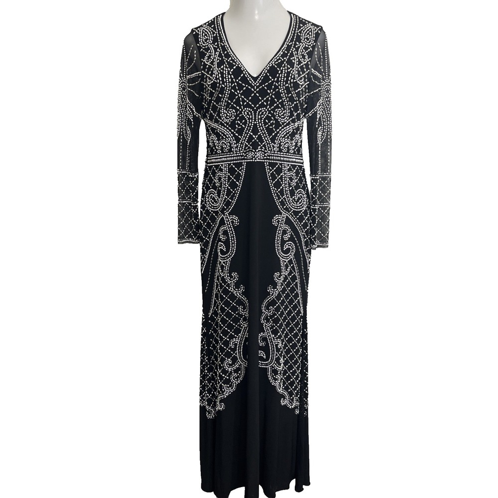 Vintage XSCAPE Black Beaded Evening Maxi Gown Dress Size 12 Formal Stretch USA
